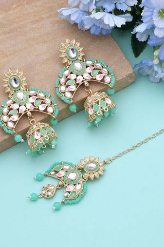 Parrot green color meena work kundan earrings tikka set