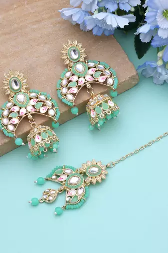 Parrot green color meena work kundan earrings tikka set