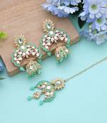 Parrot green color meena work kundan earrings tikka set