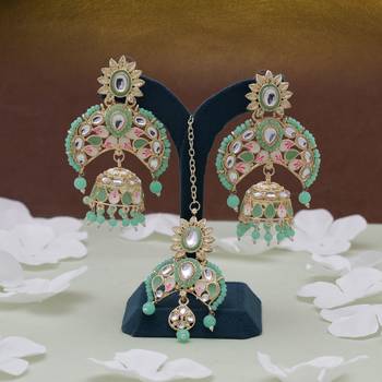 Parrot green color meena work kundan earrings tikka set 2