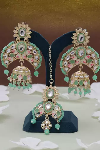 Parrot green color meena work kundan earrings tikka set