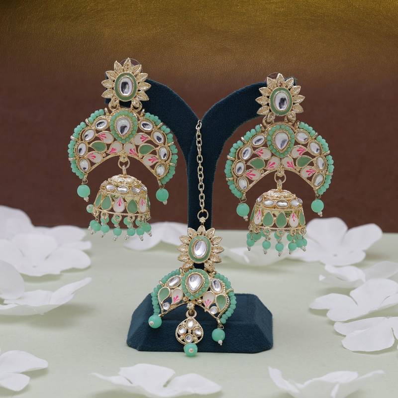 Parrot green color meena work kundan earrings tikka set