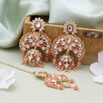 Dark peach color meena work kundan earrings tikka set 1