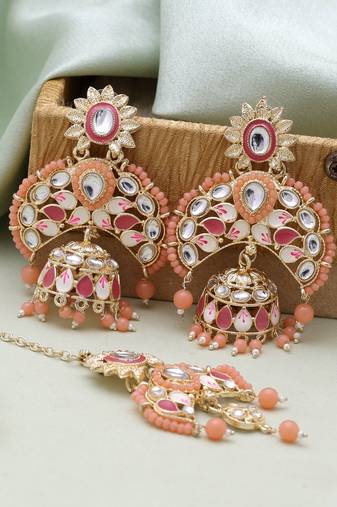 Dark peach color meena work kundan earrings tikka set