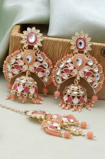 Dark peach color meena work kundan earrings tikka set