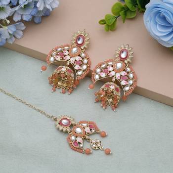Dark peach color meena work kundan earrings tikka set 2