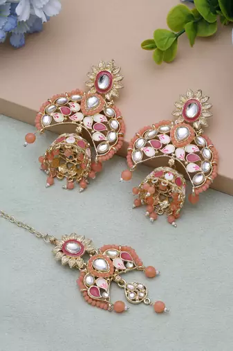 Dark peach color meena work kundan earrings tikka set