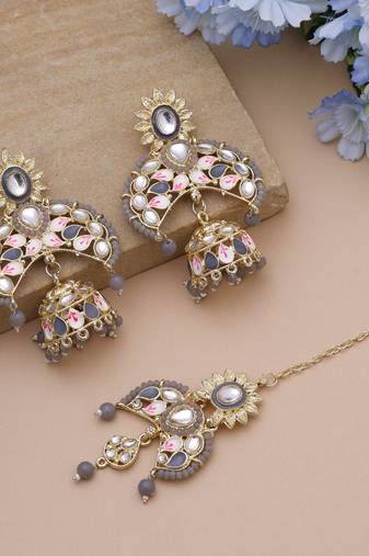 Grey color meena work kundan earrings tikka set