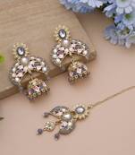 Grey color meena work kundan earrings tikka set
