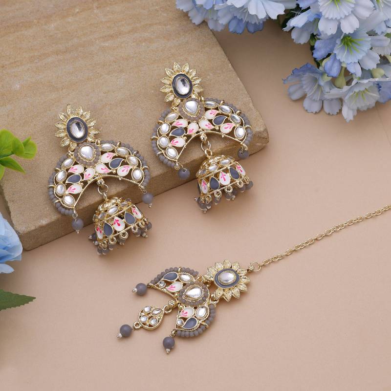 Grey color meena work kundan earrings tikka set