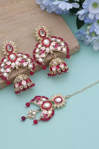 Rani color meena work kundan earrings tikka set