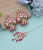 Rani color meena work kundan earrings tikka set