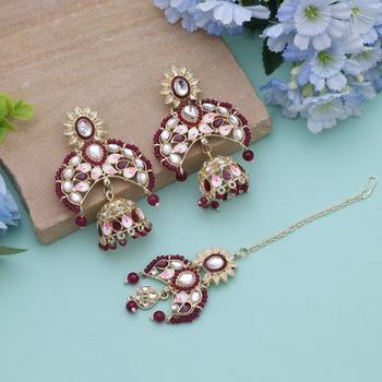 Maroon color meena work kundan earrings tikka set 1