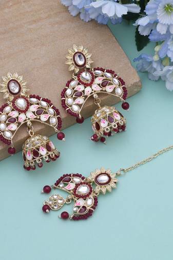 Maroon color meena work kundan earrings tikka set