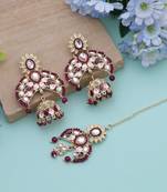 Maroon color meena work kundan earrings tikka set