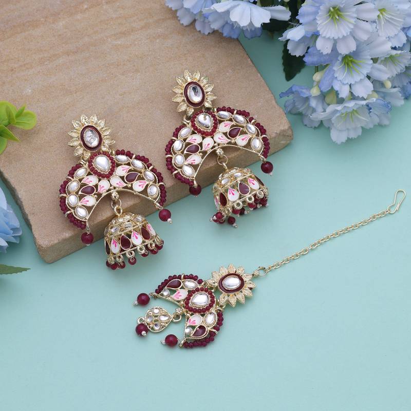 Maroon color meena work kundan earrings tikka set