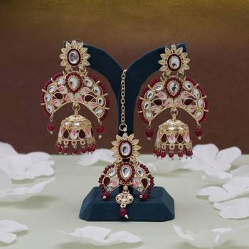 Maroon color meena work kundan earrings tikka set 2