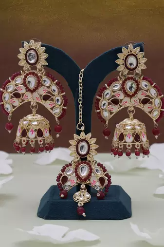 Maroon color meena work kundan earrings tikka set