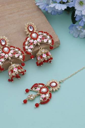 Red color meena work kundan earrings tikka set