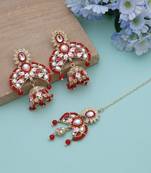 Red color meena work kundan earrings tikka set