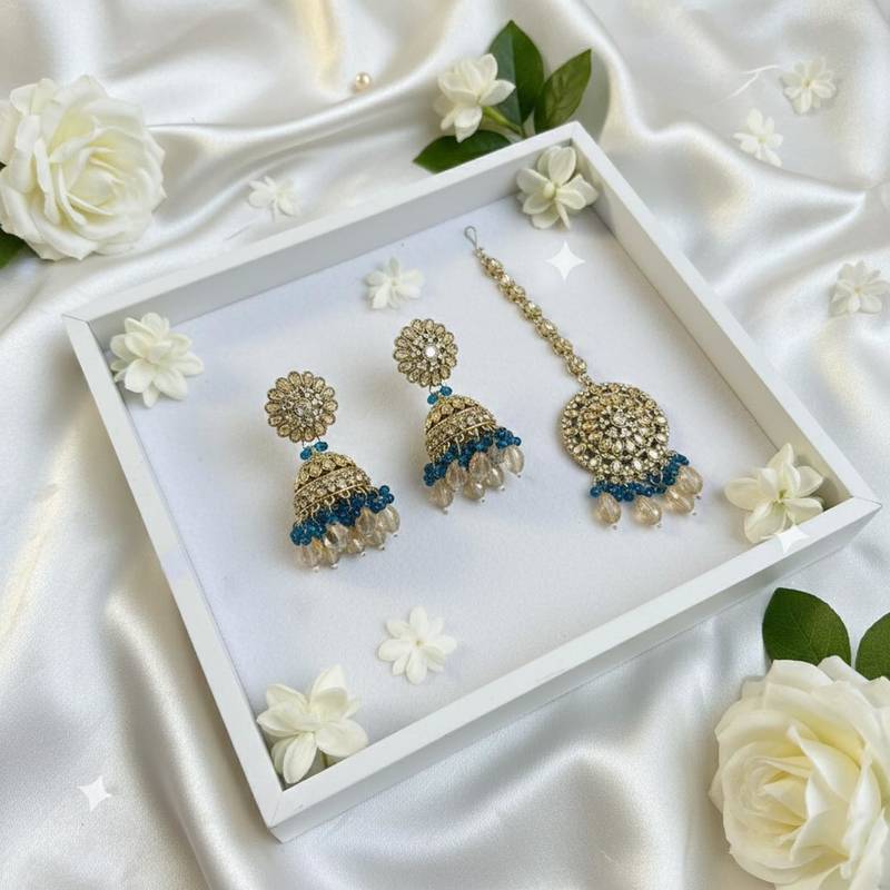 Tturquoise blue color kundan earrings tikka set