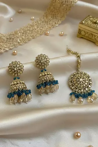 Tturquoise blue color kundan earrings tikka set