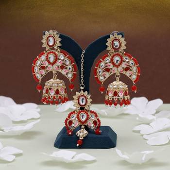 Red color meena work kundan earrings tikka set 2