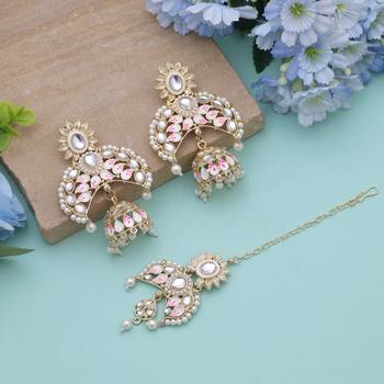 White color meena work kundan earrings tikka set 1