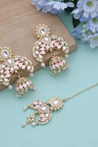 White color meena work kundan earrings tikka set