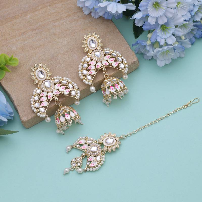 White color meena work kundan earrings tikka set