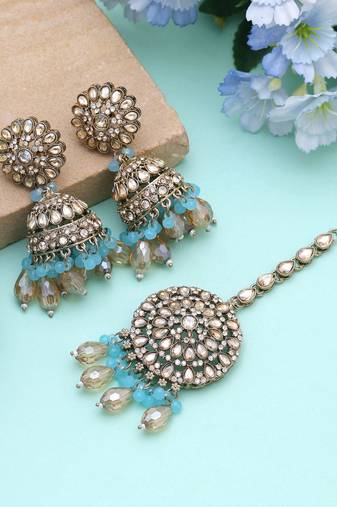 Firozi color kundan earrings tikka set