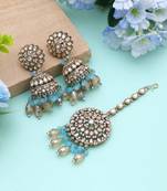 Firozi color kundan earrings tikka set
