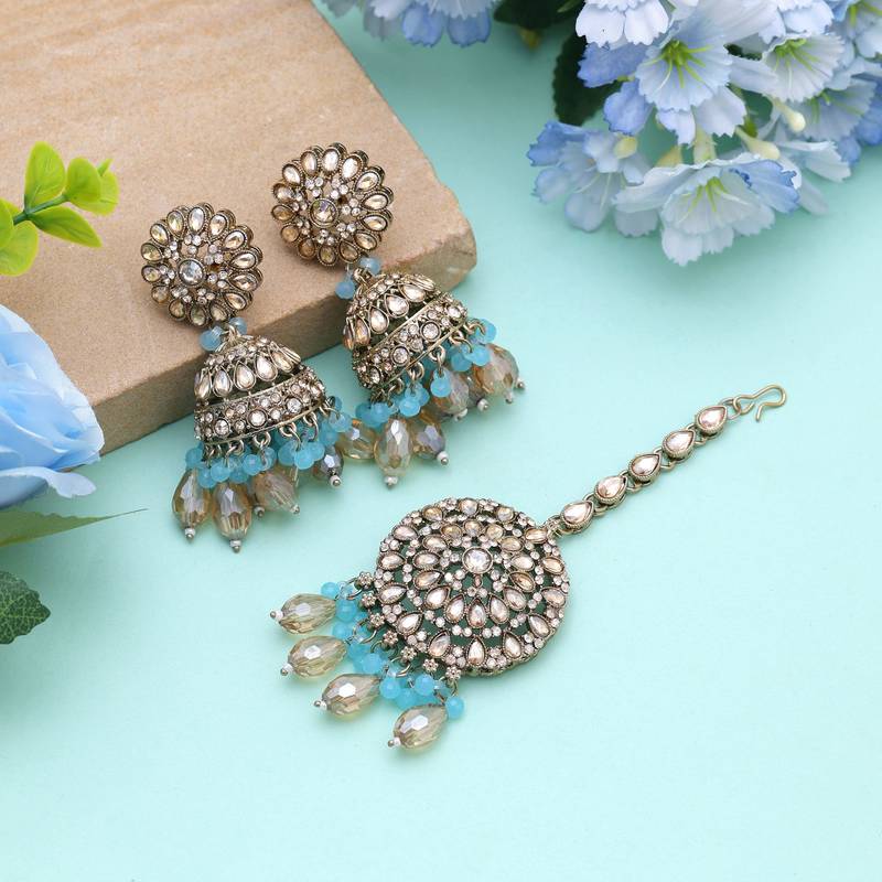 Firozi color kundan earrings tikka set