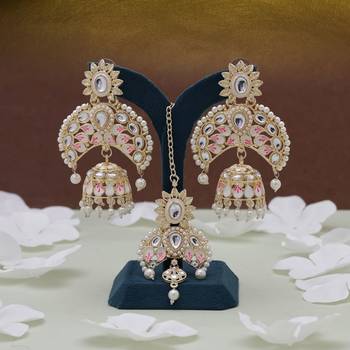 White color meena work kundan earrings tikka set 2