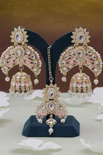 White color meena work kundan earrings tikka set