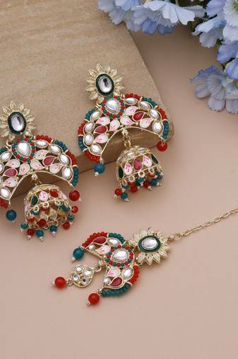 Red & green color meena work kundan earrings tikka set