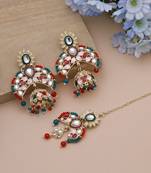 Red & green color meena work kundan earrings tikka set