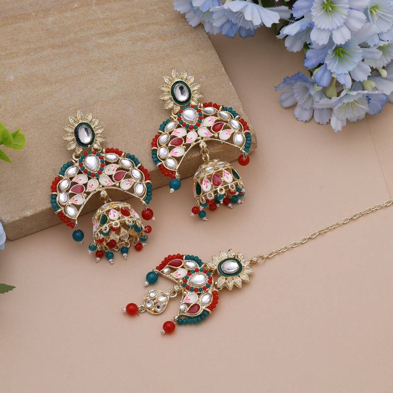 Red & green color meena work kundan earrings tikka set