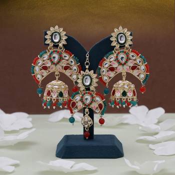 Red & green color meena work kundan earrings tikka set 2