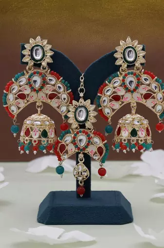 Red & green color meena work kundan earrings tikka set