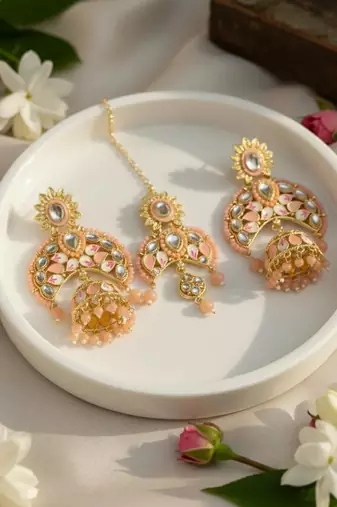 Peach color meena work kundan earrings tikka set
