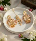 Peach color meena work kundan earrings tikka set