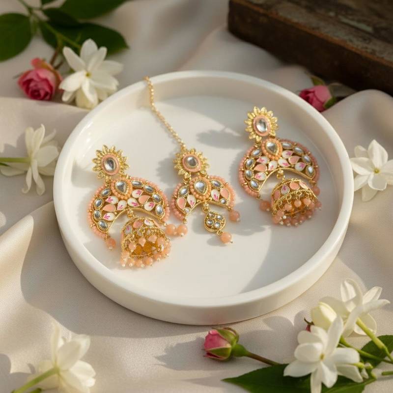 Peach color meena work kundan earrings tikka set