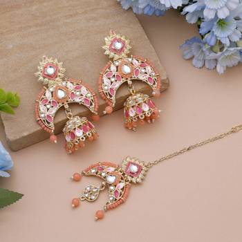 Dark peach color meena work kundan earrings tikka set 1