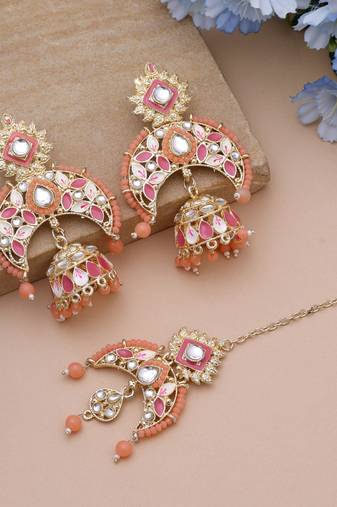 Dark peach color meena work kundan earrings tikka set