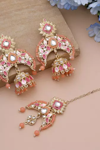 Dark peach color meena work kundan earrings tikka set