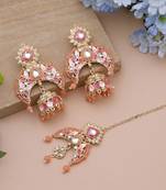 Dark peach color meena work kundan earrings tikka set