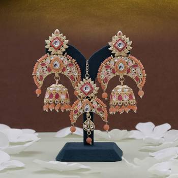 Dark peach color meena work kundan earrings tikka set 2