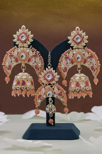 Dark peach color meena work kundan earrings tikka set