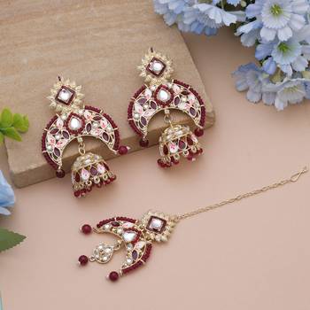 Maroon color meena work kundan earrings tikka set 1